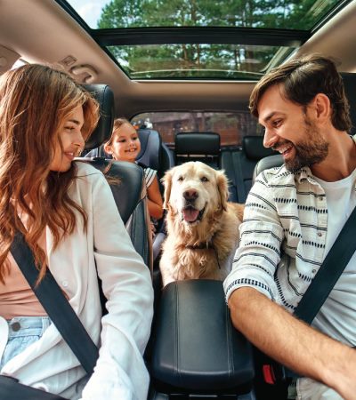 Happy family in a car with their dog.